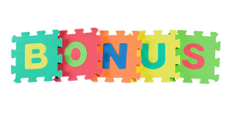 Alphabet blocks forming the word BONUS isolated on white