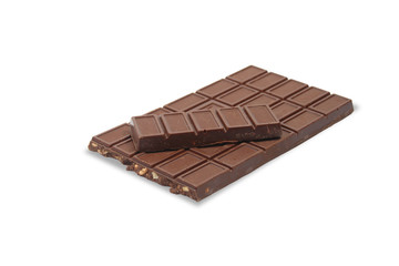 Isolated brick of chocolate lying on white background