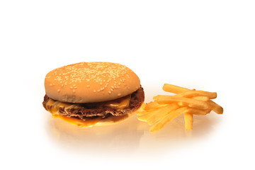 Hamburger and deep-fried potatoes on white background