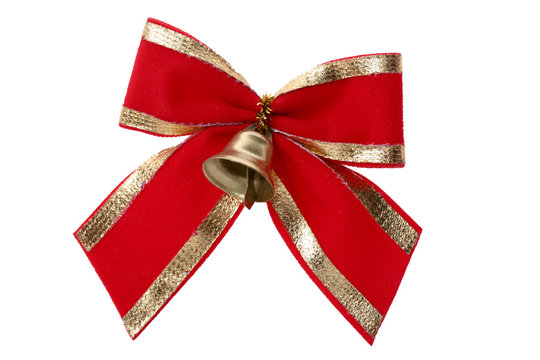 An image of golden christmass bell with red ribbbon
