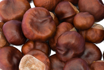 a few brown chestnuts are on a white background