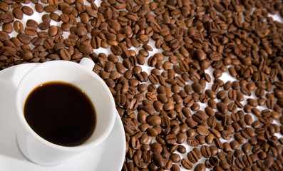 Cup with coffee, costing on coffee grain