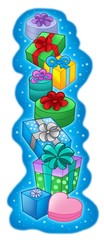 Pile of Christmas gifts on blue background