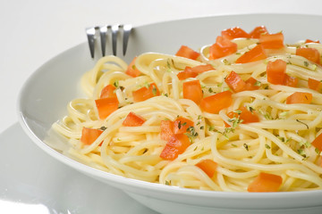 natural fresh spaghetti with tomato sauce and asparagus