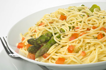 natural fresh spaghetti with tomato sauce and asparagus