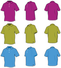 Polo shirts. 3 views in 3 color variations.