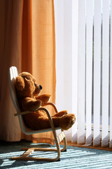 Childrens toy teddy bear relaxing in the sun