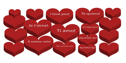 A lot of hearts with inscription at different languages on white