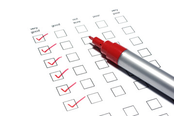 Customer survey form, questionnaire check list. Checklist with checkboxes ticked with red marker.