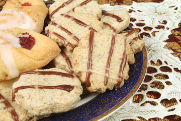 Walnut cookies and other with strawberry jam. Sweet food.