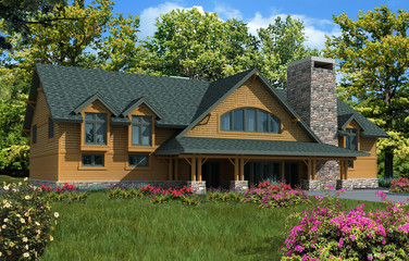 3d Model House with orange siding and green roof