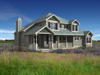 Fototapeta na wymiar 3d Model of prairie house photo-matched in landscape