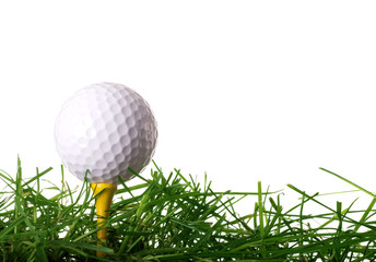 Golf Ball on Tee in Grass Isolated on White Background