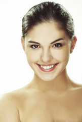 Fototapeta premium A happy young woman with facial expression on white background