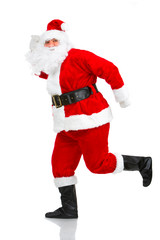 Happy running Christmas Santa. Isolated over white background.