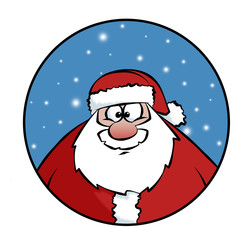 A cute cartoon Santa in a snowy circle.