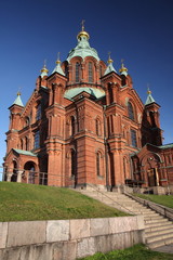 Red brick orthodox church in Helsinki, Finland