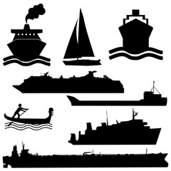 assorted boat silhouettes ferry tanker yacht and gondola