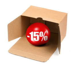 sale concept - open cardboard box and 3D sale ball