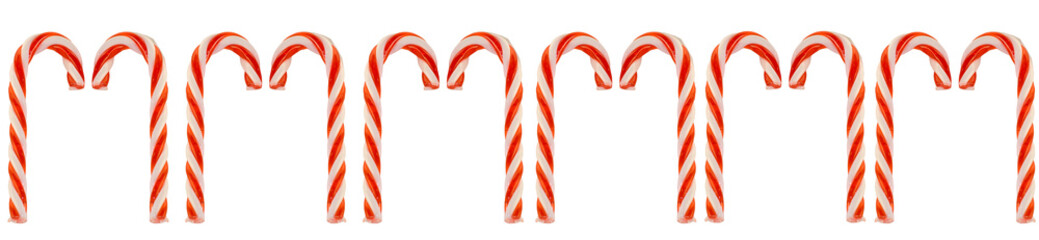 A row of candy canes isolated against a white background