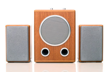 Acoustic sound system with two speakers in wood case isolated