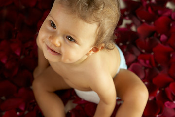 Fototapeta na wymiar baby girl in nappy sitting in roses petals on beige blanket