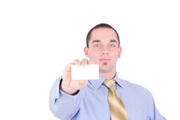 businessman holding out a blank business card