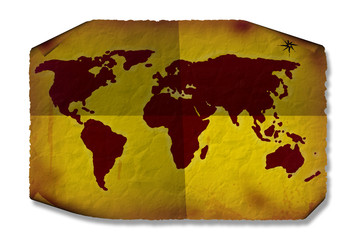 Grunge world map with dirt creases curls and crumples