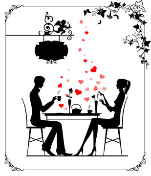 Silhouette of the couple in the cafe, illustration
