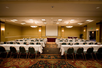 Empty conference room in the hotel ready for participants.