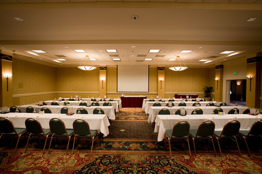Empty conference room in the hotel ready for participants.