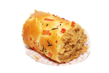 A chicken floss scroll bun isolated on white background.