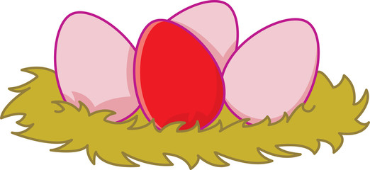 a clip of three pink eggs and a red egg in a nest