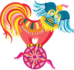 an oriental dog playing and standing on a big oriental ball.