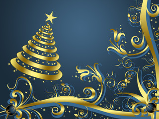 Christmas tree with golden flowers on blue background # 1