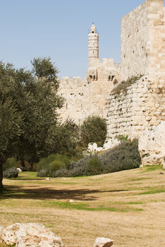The tower of David and the ancient city walls of Jerusalem