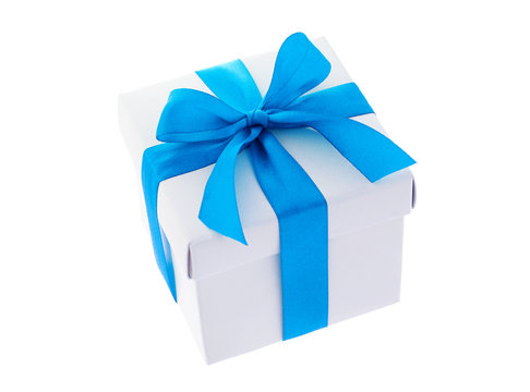 White Gift Box With Cyan Color Bow Ribbon