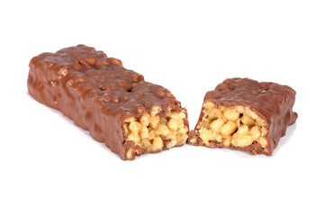 Protein chocolate peanut butter energy bar on a white background