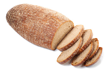 loaf and slices  wheat bread isolated on white background
