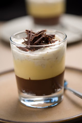 Delicious chocolate trifle with chocolate curls on top