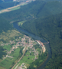 Aerial view of the french village Deluz and the river Doubs
