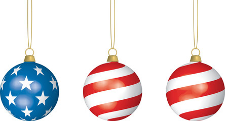 3D illustration of 3 American Flag-themed Christmas Bulbs