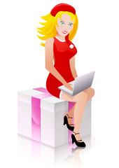 Fille du père Noël assise sur un cadeau avec son netbook