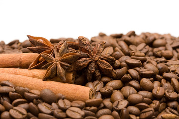 background of whole coffee beans, cinnamon and anise