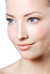 Obraz premium Profile view of attractive woman face with health complexion.