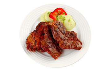 Grilled steak with vegetable salad isolated on white