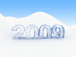 3d illustration of frozen text '2009' in snow