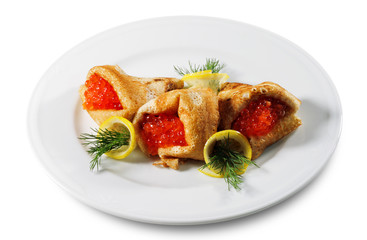 Pancakes with Red Caviar and Lemon Slice