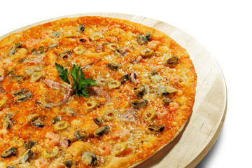 Seafood Pizza on a Wood Tray