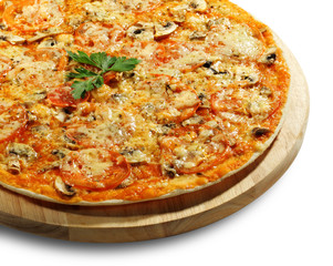 Mushroom Pizza on a Wood Tray. Isolated on White